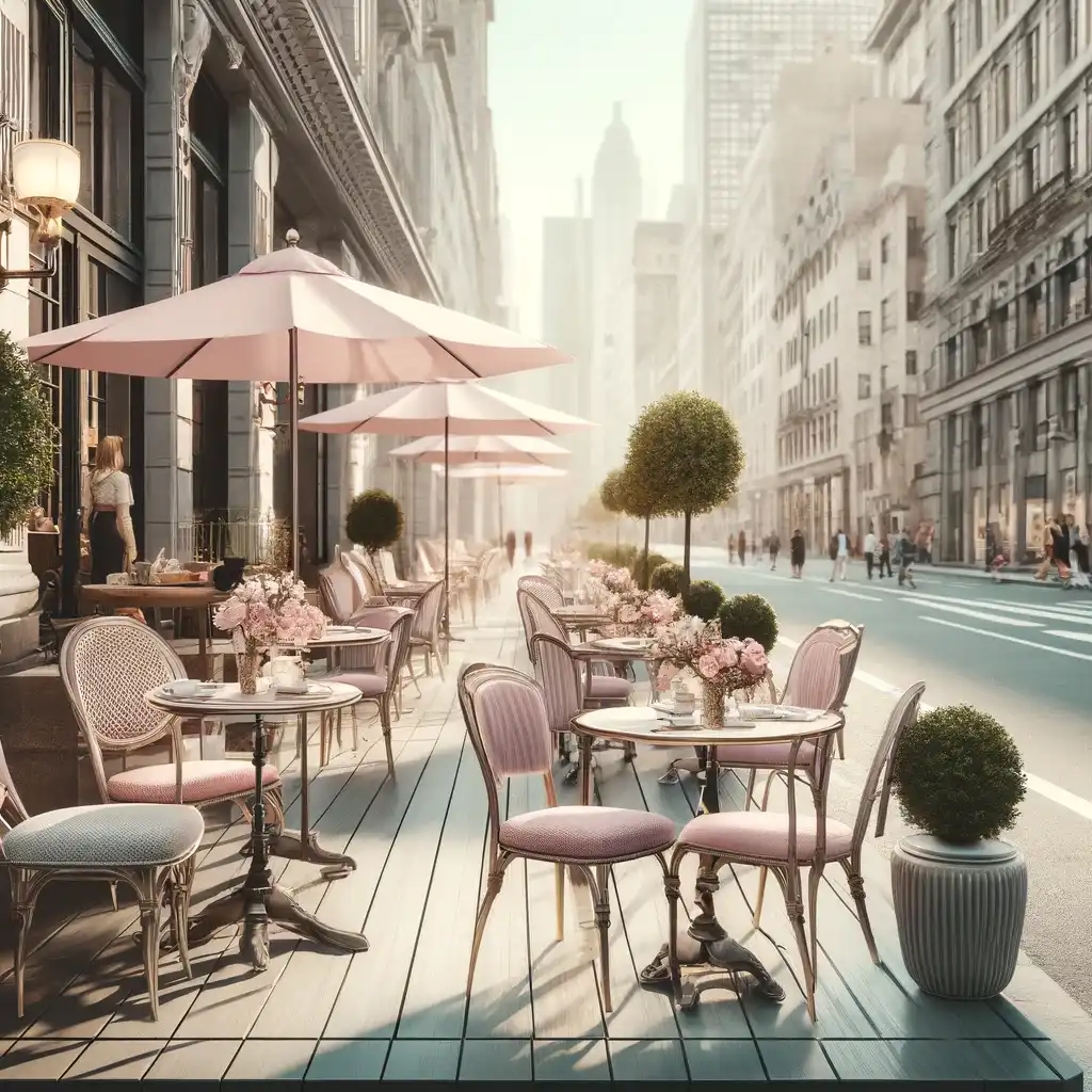 magem de um café chique com uma área externa na calçada, apresentando cadeiras e mesas elegantes e femininas. A decoração inclui guarda-sóis em cores pastéis e arranjos florais, criando um ambiente sofisticado e convidativo em meio à vida urbana agitada
