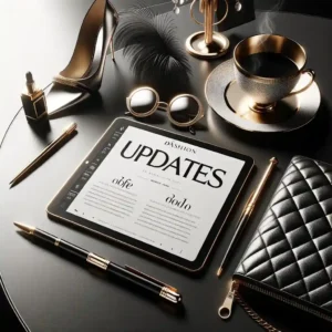 Uma imagem elegante e moderna para uma seção 'Updates' em um blog focado em moda. A imagem deve incorporar uma estética chique e sofisticada com elementos