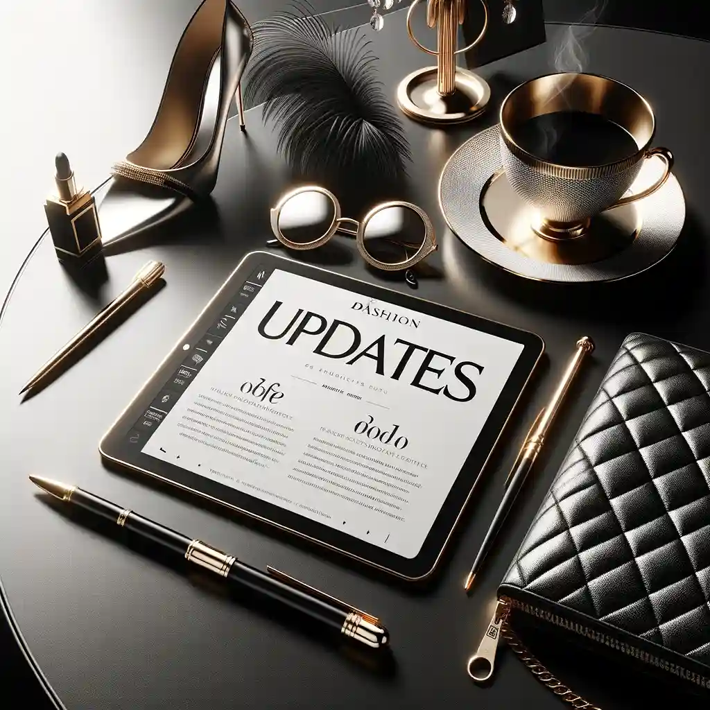 Uma imagem elegante e moderna para uma seção 'Updates' em um blog focado em moda. A imagem deve incorporar uma estética chique e sofisticada com elementos