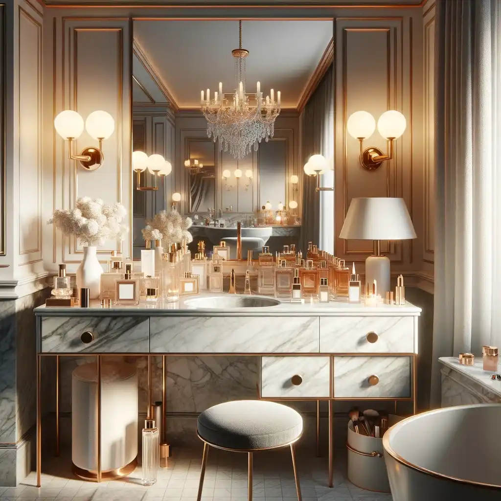 Uma imagem luxuosa e elegante para a seção de beleza de um blog focado em moda, retratando um ambiente sofisticado de banheiro.