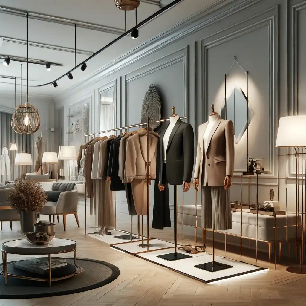 A cena retrata uma boutique elegantemente decorada com várias peças de roupa de alta qualidade expostas em manequins elegantes