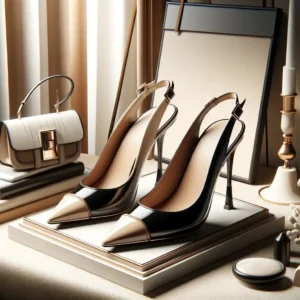 legante par de sapatos slingback, situados em um cenário moderno e estiloso. Os sapatos são chiques e na moda, com bicos pontudos e uma delicada tira ao redor do calcanhar. Os materiais aparentam ser de alta qualidade, como couro envernizado, e as cores são clássicas, com um toque moderno — preto com a ponta em um contraste bege.