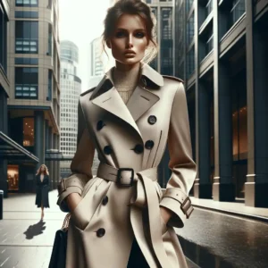 A imagem apresenta uma modelo em um cenário urbano sofisticado, vestindo um trench coat clássico. O trench coat é destacado com detalhes de grandes botões, um cinto bem amarrado e forro contrastante. A modelo está em uma pose elegante e confiante, exibindo o casaco como a peça central do visual. A composição é estilosa e refinada, ideal para uma capa de revista de moda, focando exclusivamente no elemento da moda sem inclusão de logos ou textos.