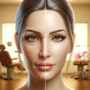 retrato digital altamente realista do rosto de uma mulher, mostrando os efeitos antes e depois de um tratamento de mini lifting. A metade esquerda do rosto exibe sinais de envelhecimento, como rugas e uma leve flacidez, enquanto a metade direita mostra uma pele rejuvenescida e lisa, sem sinais de envelhecimento. O fundo sugere uma atmosfera clínica, porém acolhedora, adequada para um spa médico. A iluminação é suave e lisonjeira, destacando os resultados do cuidado com a pele.