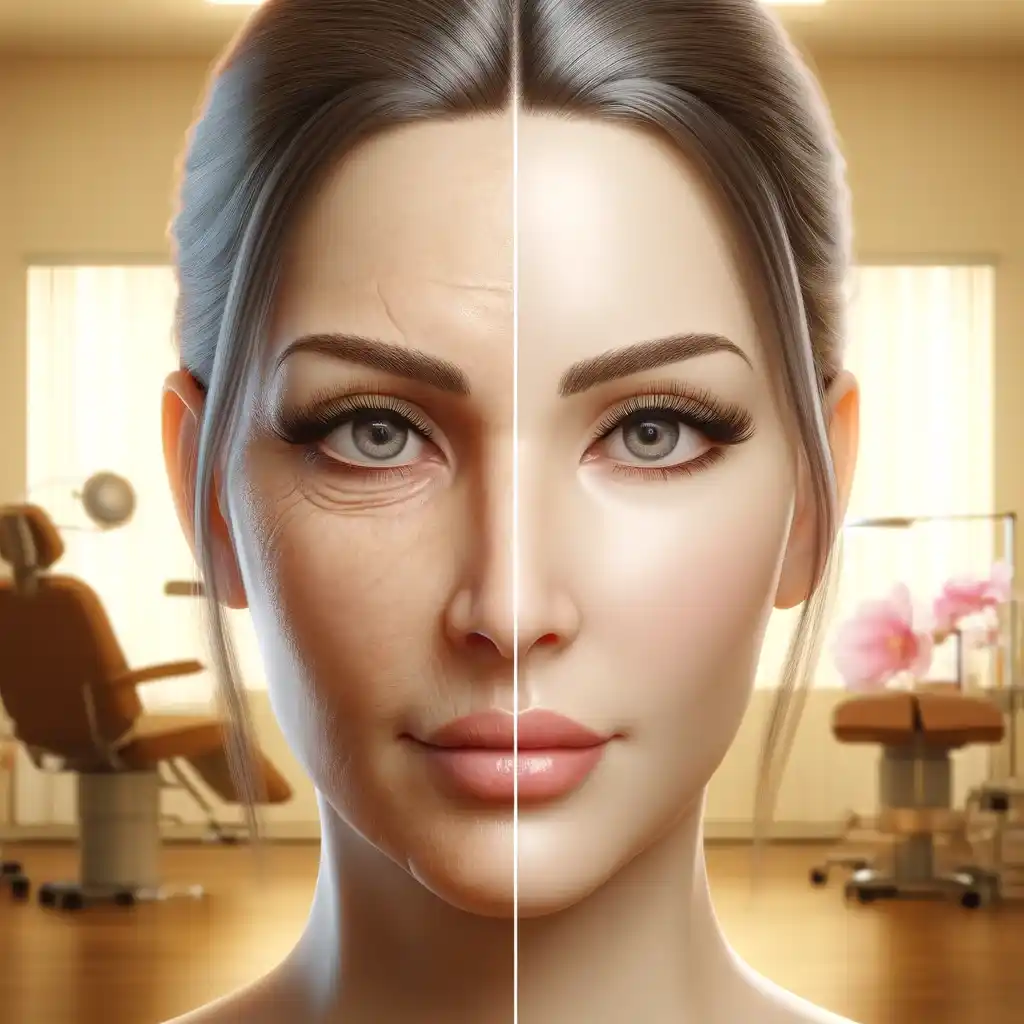 retrato digital altamente realista do rosto de uma mulher, mostrando os efeitos antes e depois de um tratamento de mini lifting. A metade esquerda do rosto exibe sinais de envelhecimento, como rugas e uma leve flacidez, enquanto a metade direita mostra uma pele rejuvenescida e lisa, sem sinais de envelhecimento. O fundo sugere uma atmosfera clínica, porém acolhedora, adequada para um spa médico. A iluminação é suave e lisonjeira, destacando os resultados do cuidado com a pele.
