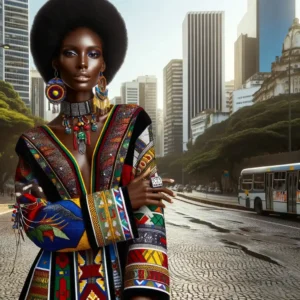 A imagem mostra uma modelo brasileira negra vestindo um traje africano vibrante e colorido, adornado com padrões e acessórios tradicionais. O fundo mistura elementos urbanos e naturais, refletindo as diversas paisagens do Brasil. A modelo posa de forma elegante, exalando confiança e graça. A composição é chique e polida, destacando a fusão da cultura africana com o estilo brasileiro.