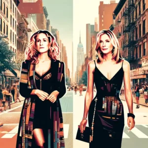 imagem das duas figuras inspiradas em Carrie e Samantha, de 'Sex and the City', juntas em uma rua de Nova York