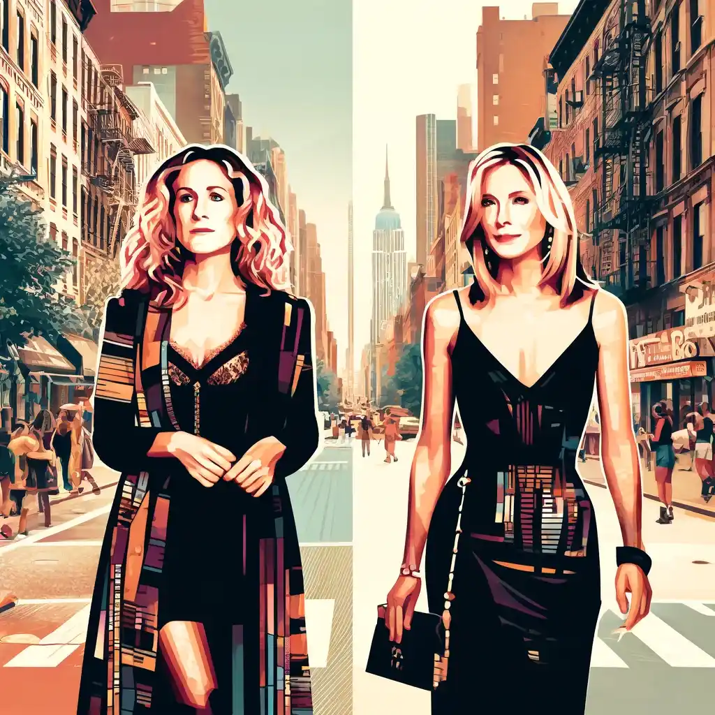  imagem das duas figuras inspiradas em Carrie e Samantha, de 'Sex and the City', juntas em uma rua de Nova York