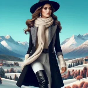 A imagem apresenta uma mulher em um estilo de alta moda inspirado na Vogue, vestida de maneira elegante para o inverno no Chile. Ela está posando graciosamente em uma paisagem de inverno com montanhas cobertas de neve ao fundo. A mulher usa roupas de inverno chiques, como um casaco elegante, cachecol e botas, destacando luxo e sofisticação. As cores são vibrantes e elegantes, refletindo altos padrões de beleza e moda. Não há texto ou logotipos na imagem.