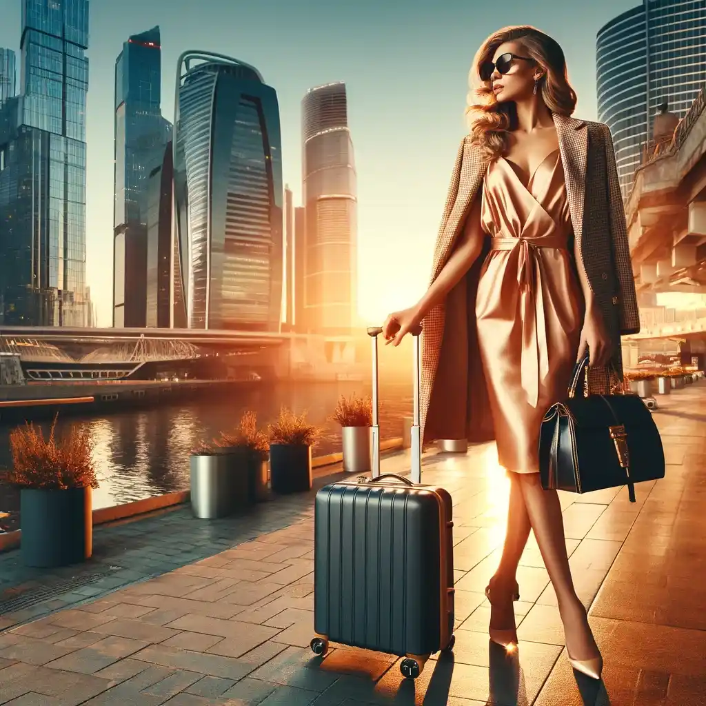 A imagem apresenta uma viajante glamourosa em uma paisagem urbana ao pôr do sol. Ela está vestida de forma elegante e segura uma mala estilosa, enfatizando a experiência de viagem de luxo. O fundo é composto por um vibrante cenário de cidade com arquitetura moderna, transmitindo uma sensação de sofisticação e alto padrão.