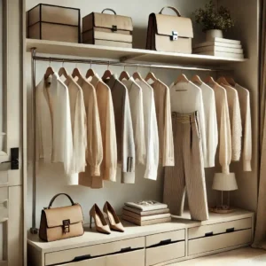 Guarda-roupa minimalista em um closet moderno, com roupas neutras, acessórios elegantes e design sofisticado.